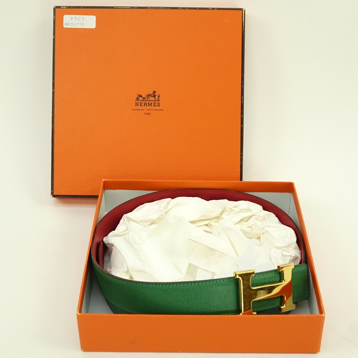 Hermes Bamboo/Rouge Epsom Leather and Gold H Belt