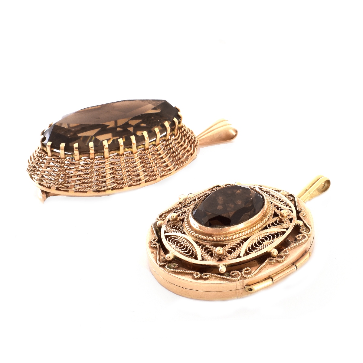 Two (2) Vintage Smokey Topaz and 14K Pendants