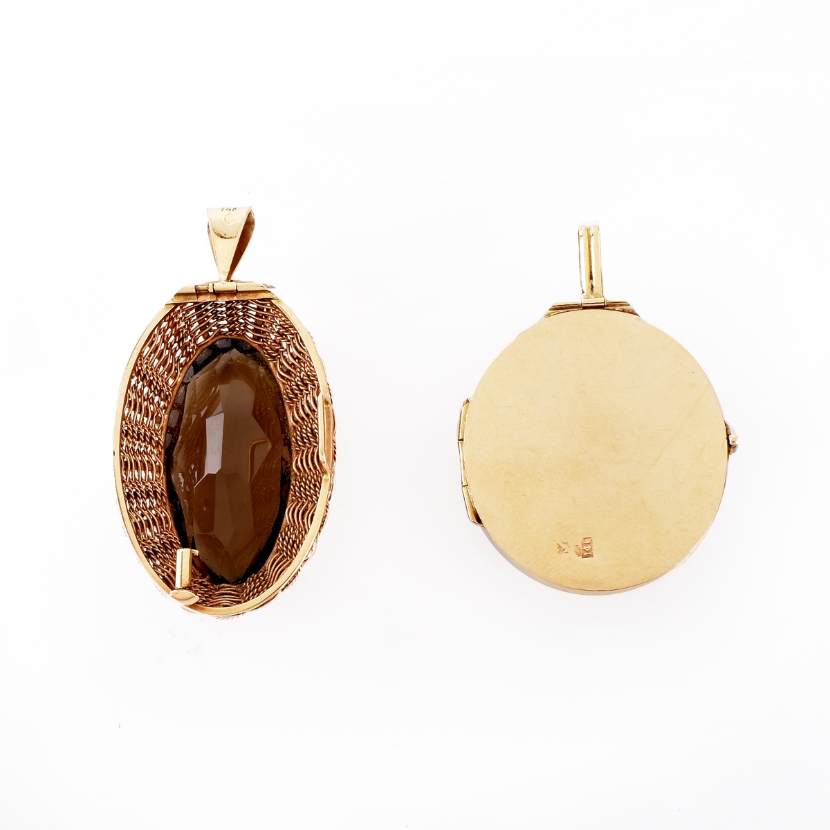 Two (2) Vintage Smokey Topaz and 14K Pendants