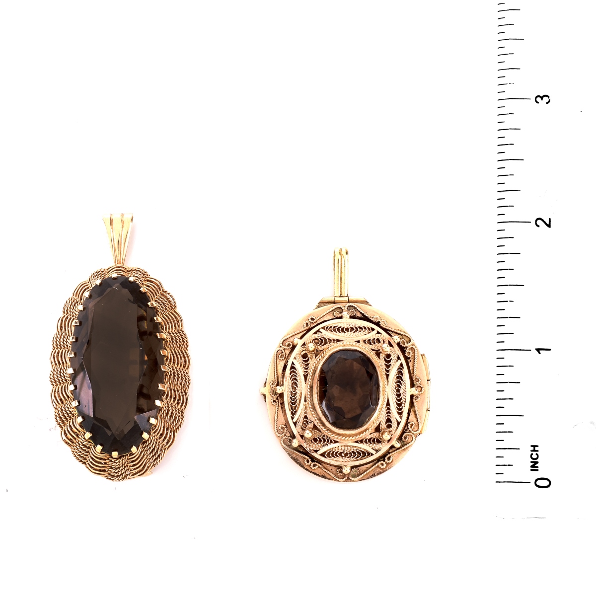 Two (2) Vintage Smokey Topaz and 14K Pendants