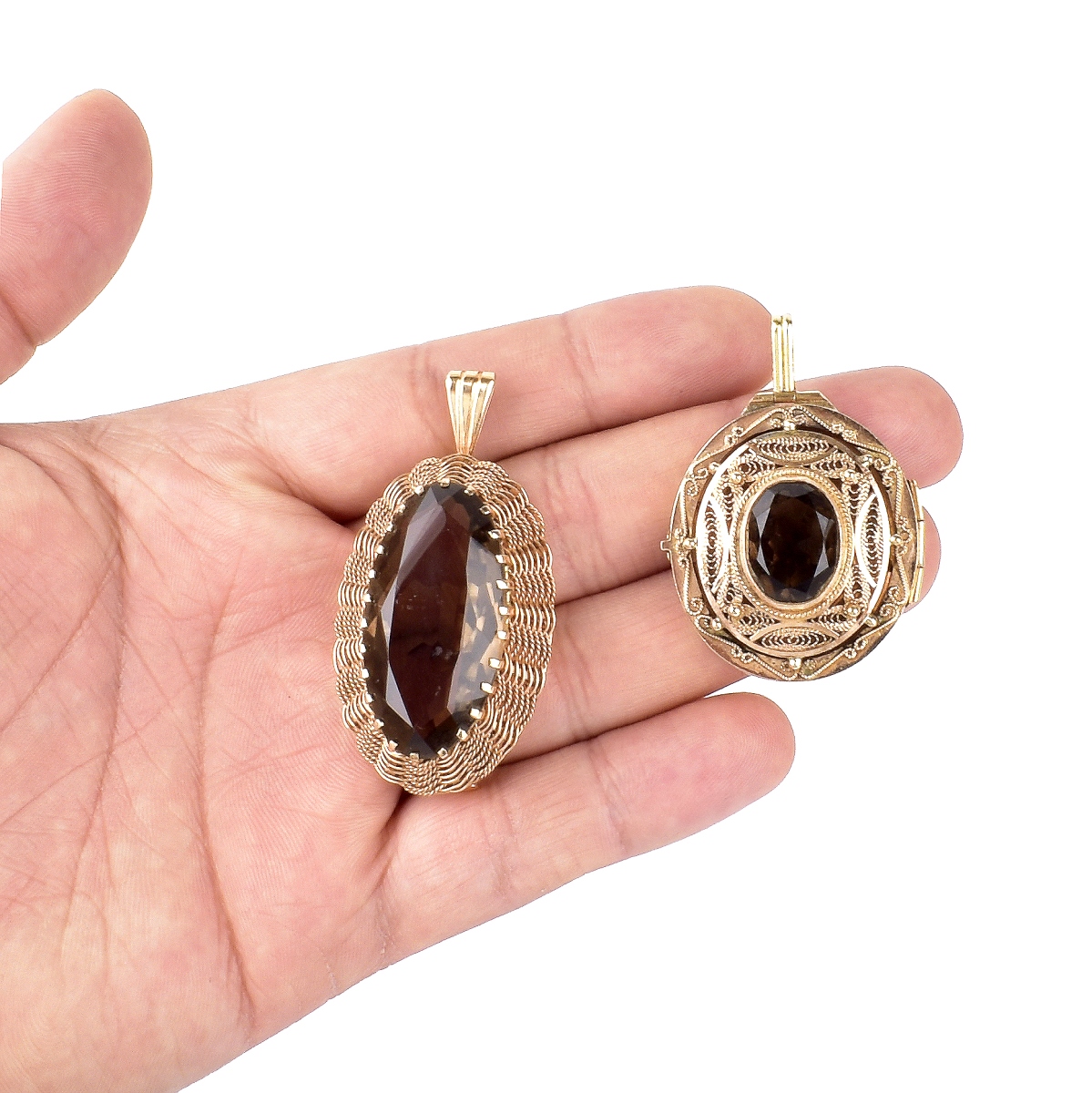 Two (2) Vintage Smokey Topaz and 14K Pendants