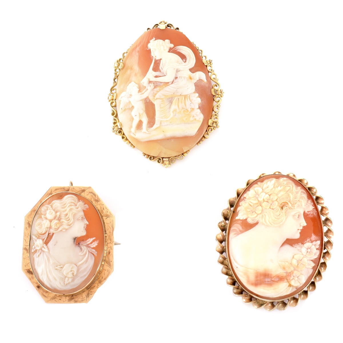 Three (3) Carved Shell and 14K Cameos