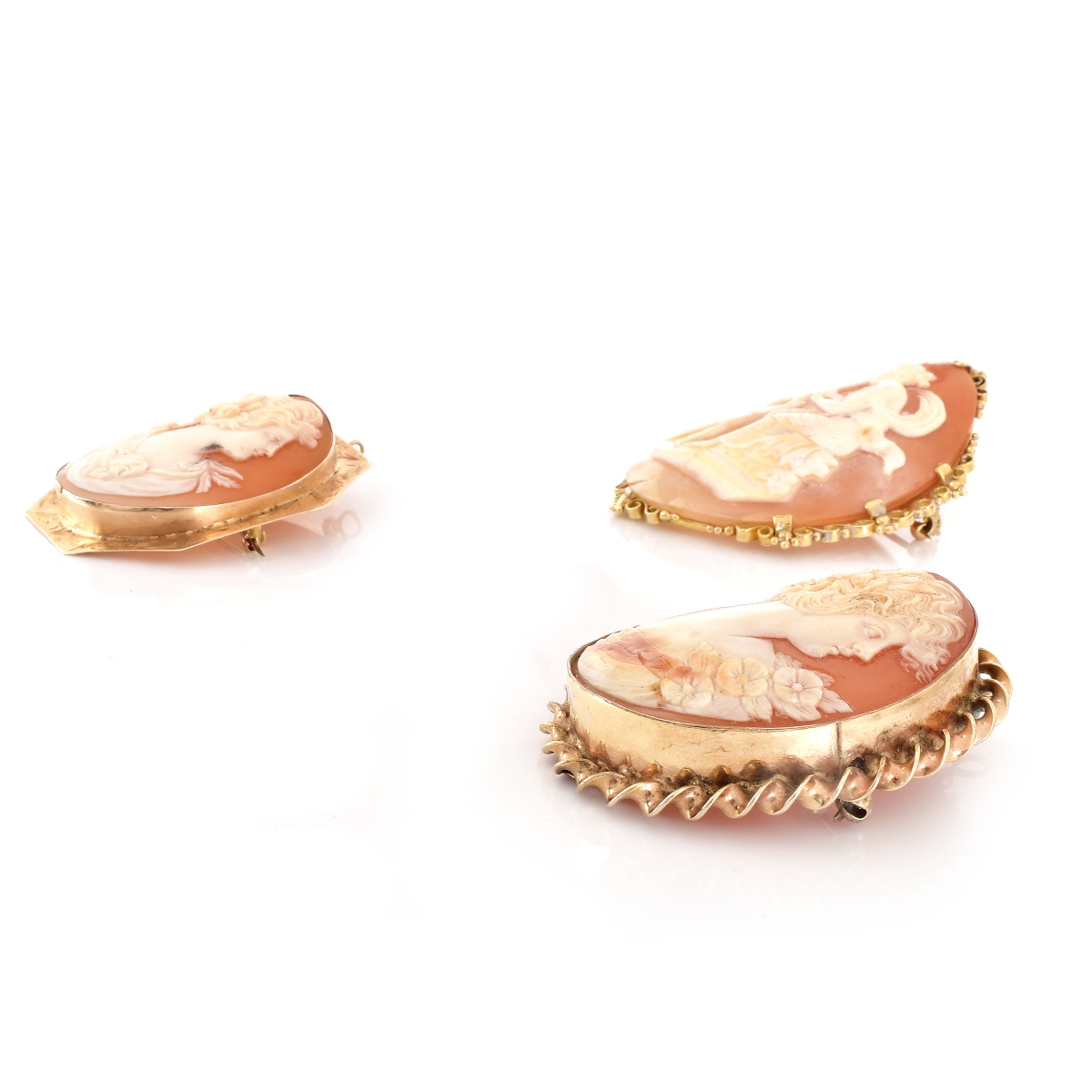 Three (3) Carved Shell and 14K Cameos