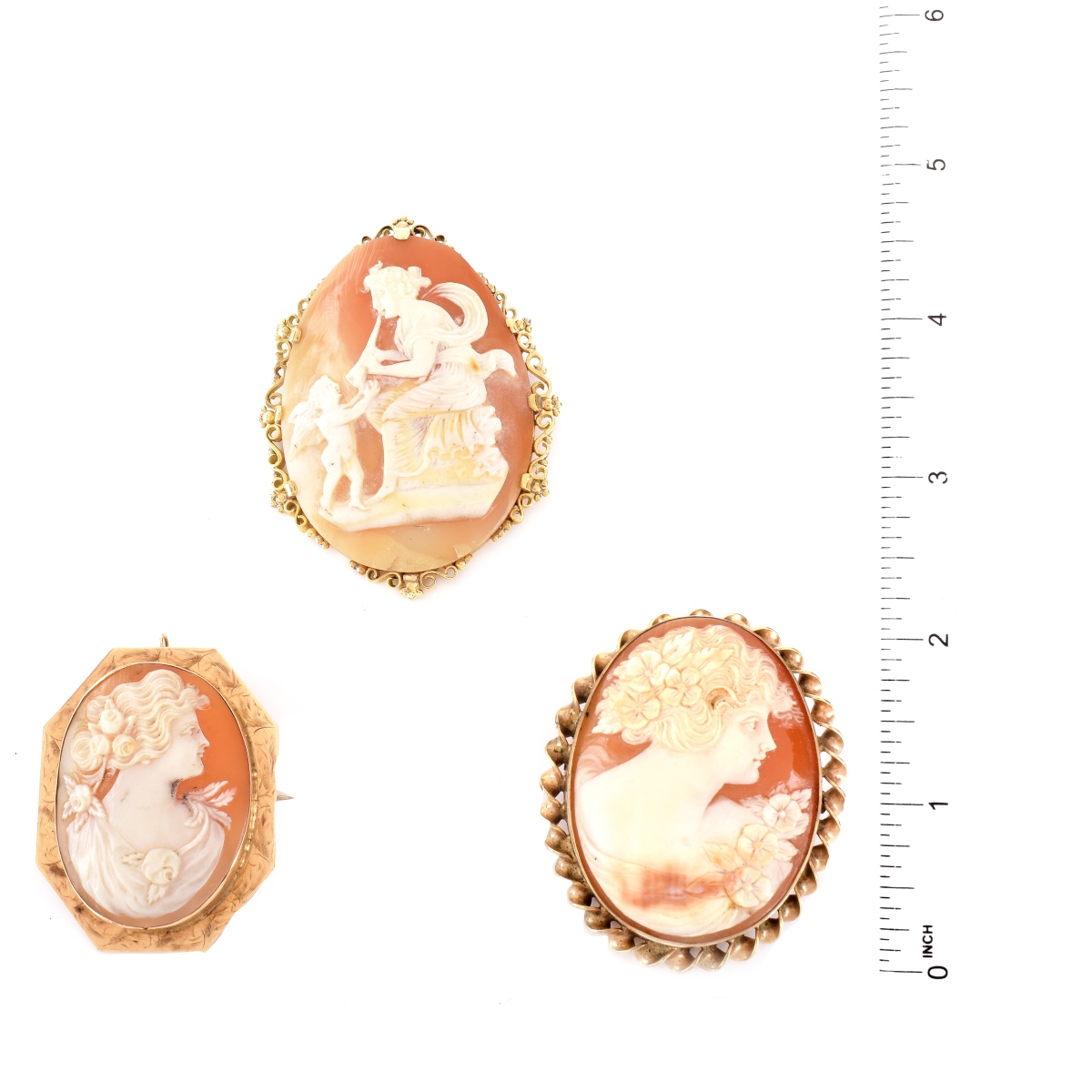 Three (3) Carved Shell and 14K Cameos
