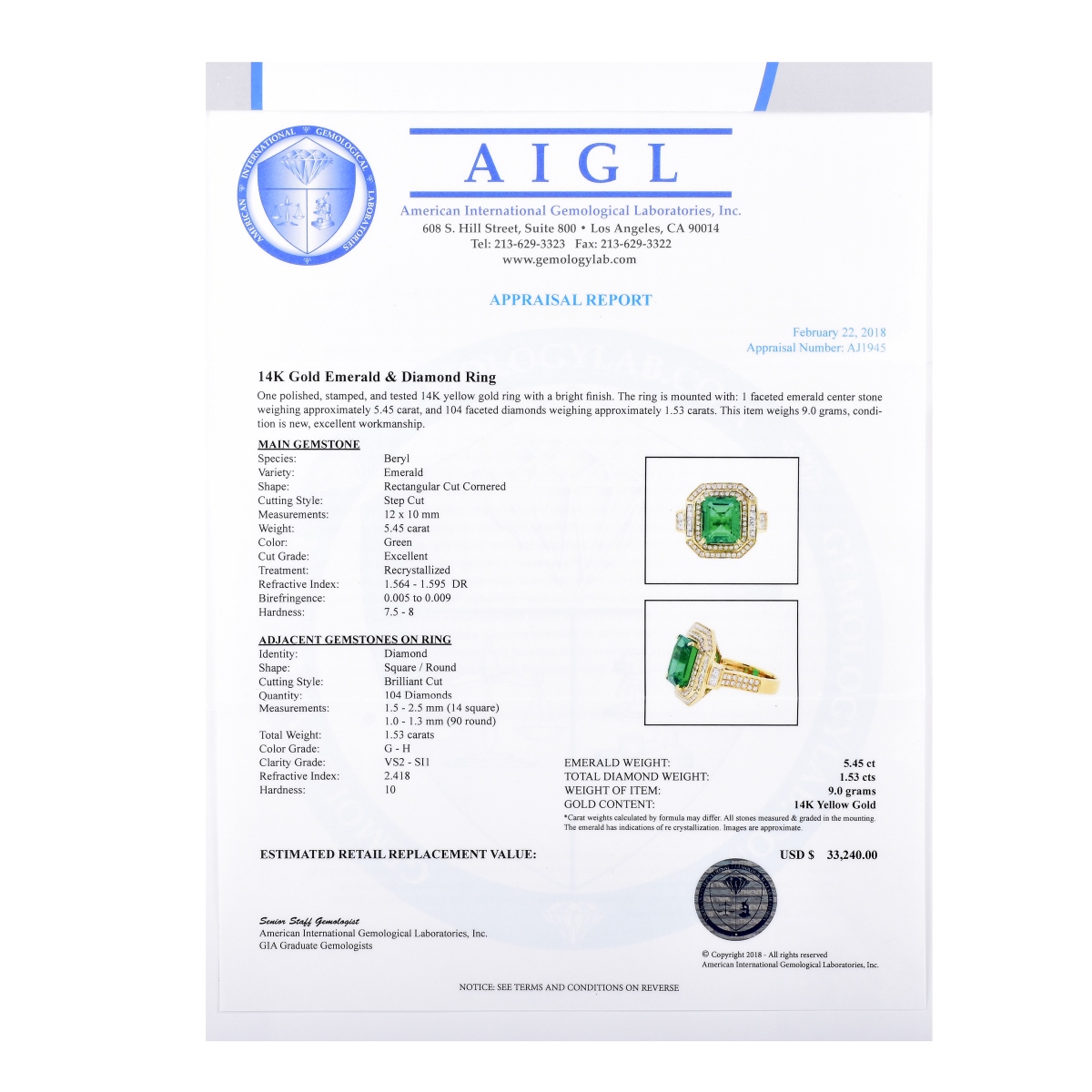 AIGL 5.45ct Emerald, Diamond and 14K Gold Ring