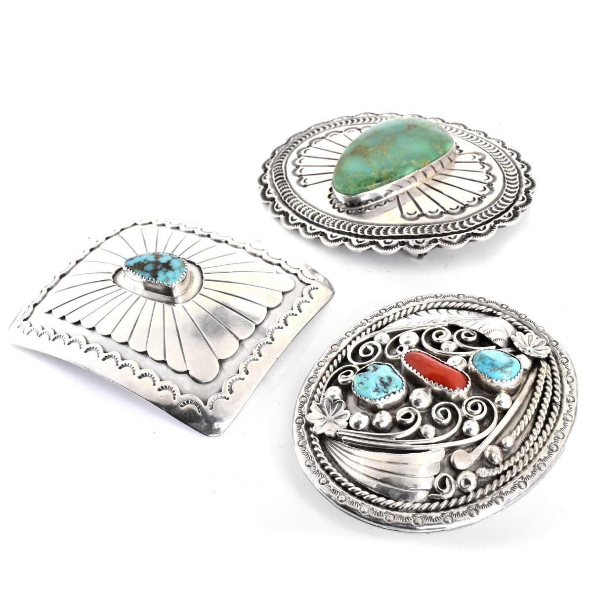 Three (3) Silver and Turquoise Belt Buckles