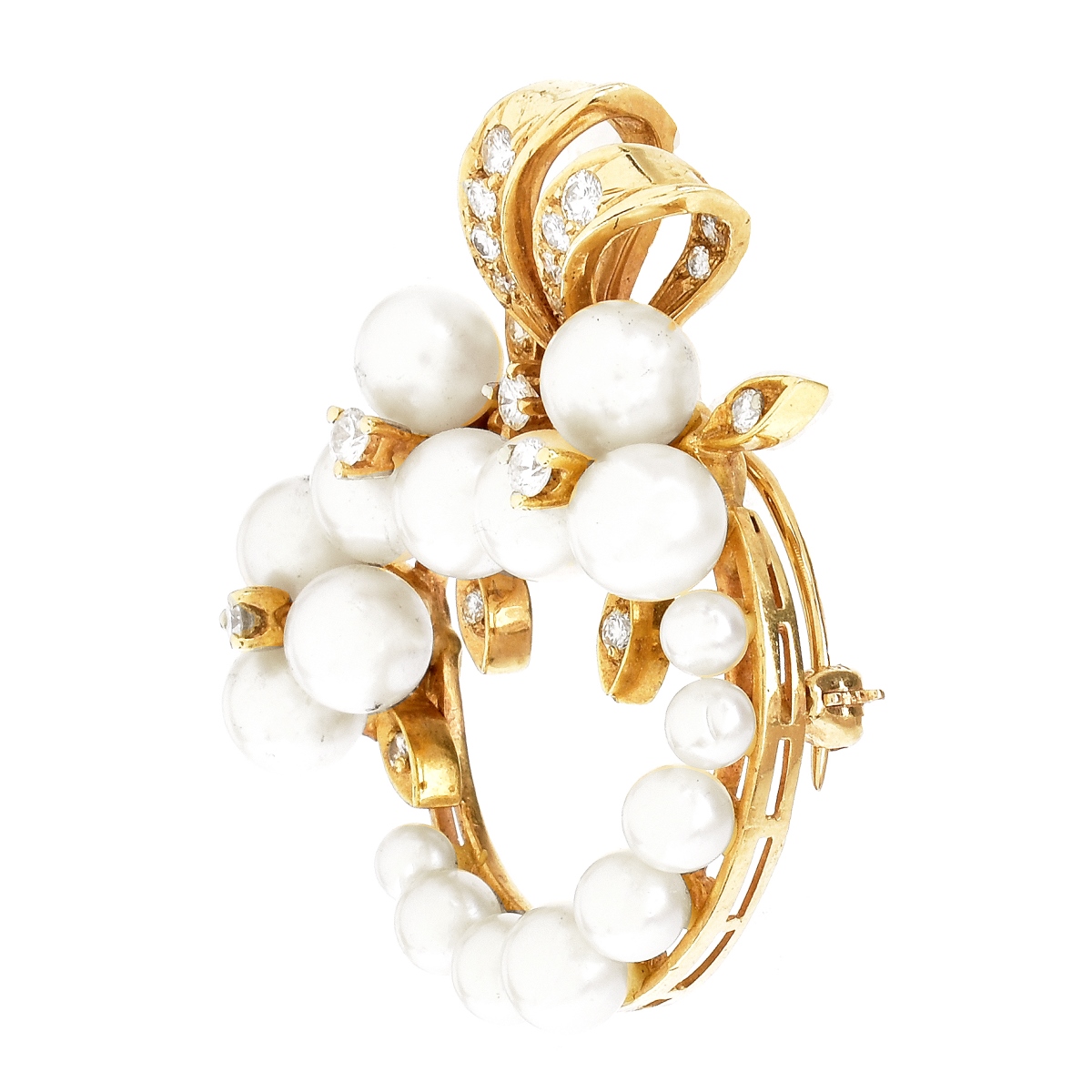 Vintage Diamond, Pearl and 14K Gold Brooch