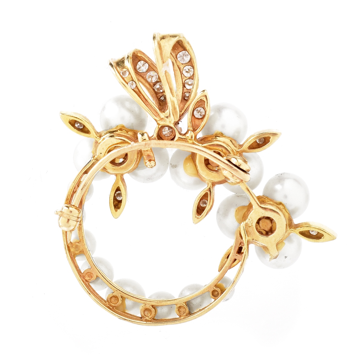Vintage Diamond, Pearl and 14K Gold Brooch