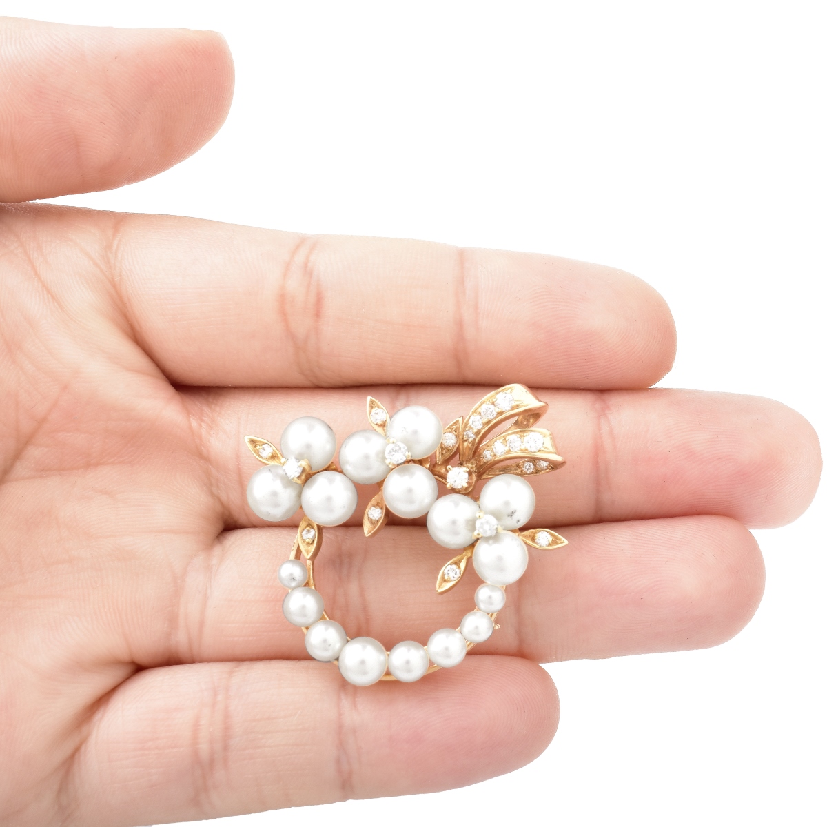 Vintage Diamond, Pearl and 14K Gold Brooch