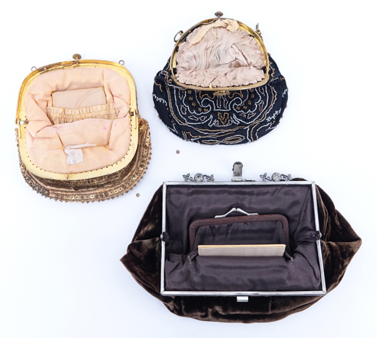 Three (3) Antique Beaded And Crushed Velvet Bags