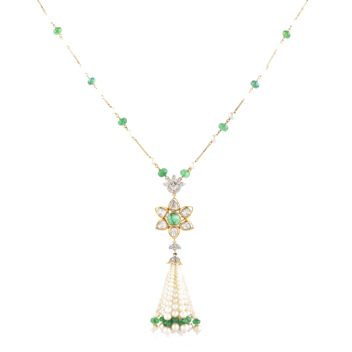 Vintage Diamond, Emerald and Pearl Tassel Necklace