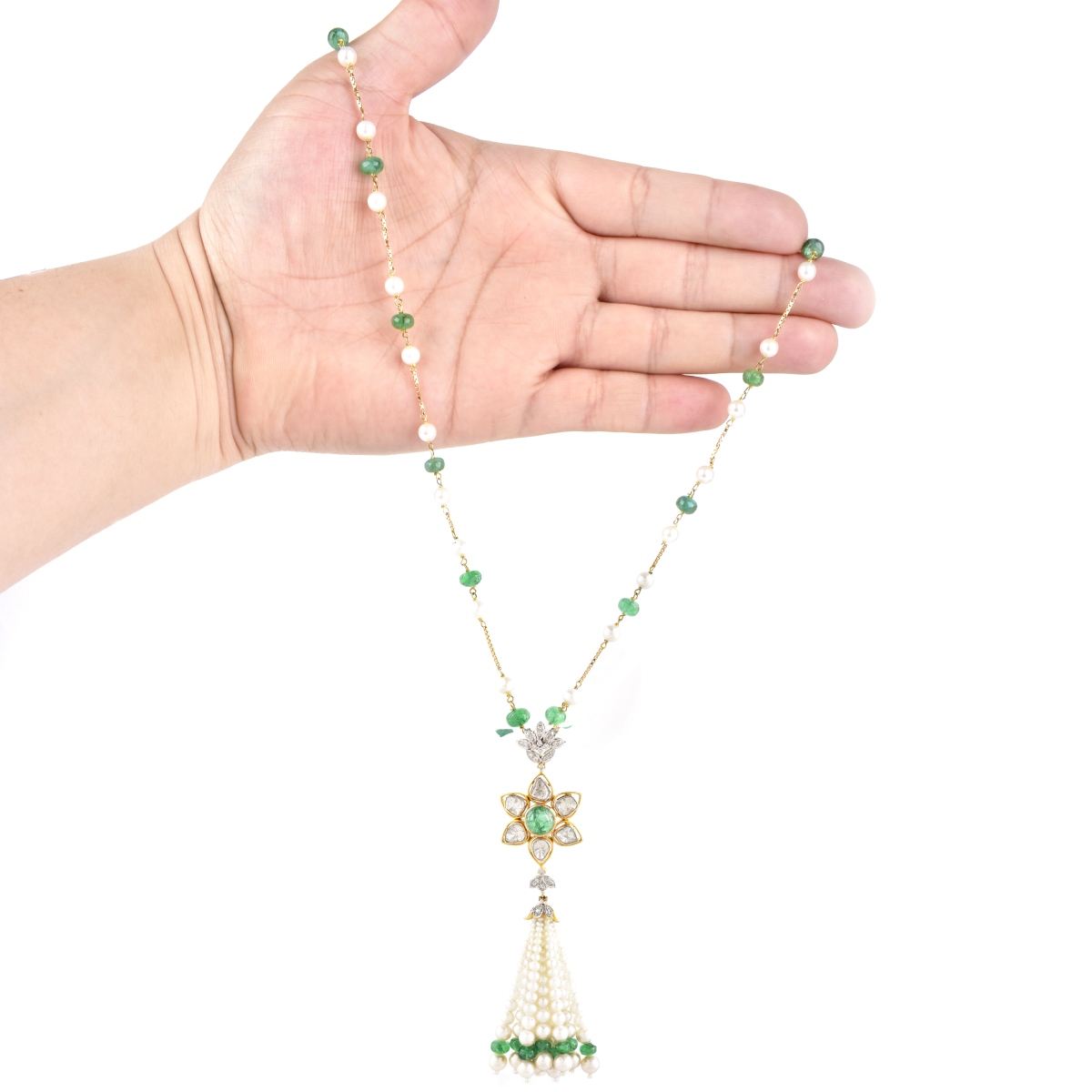Vintage Diamond, Emerald and Pearl Tassel Necklace