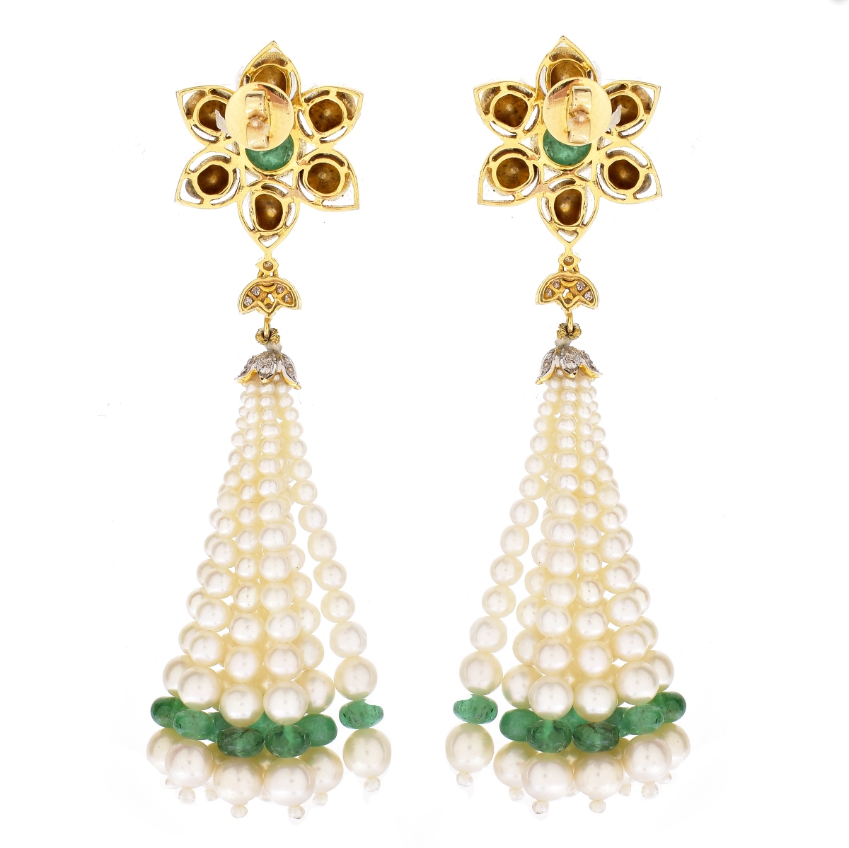 Vintage Diamond, Emerald and Pearl Tassel Earrings