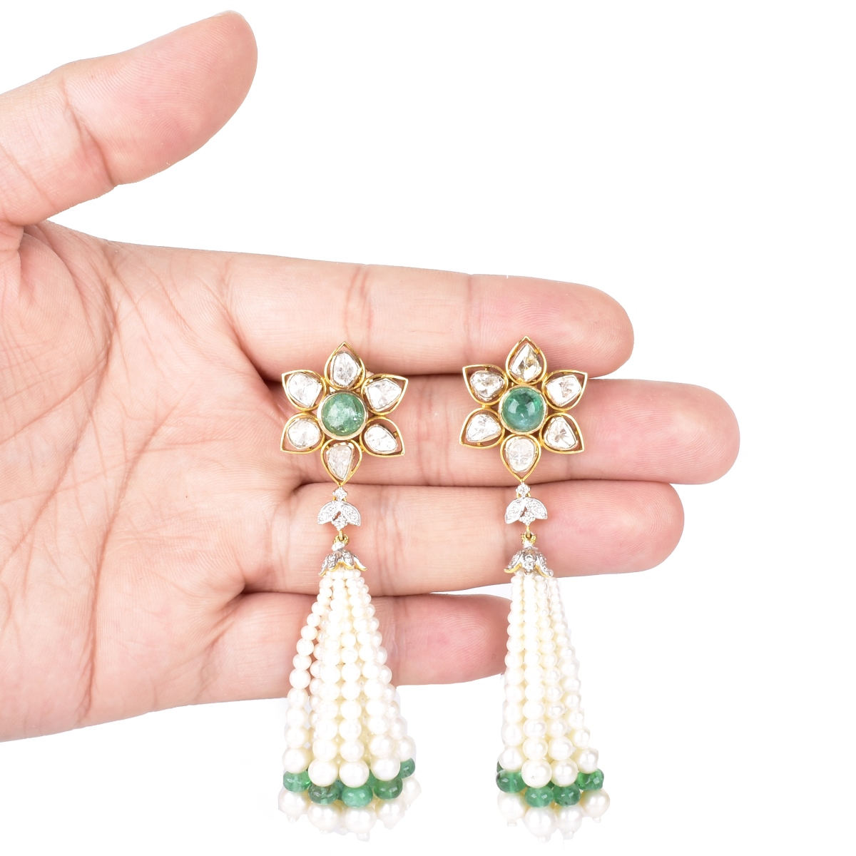 Vintage Diamond, Emerald and Pearl Tassel Earrings