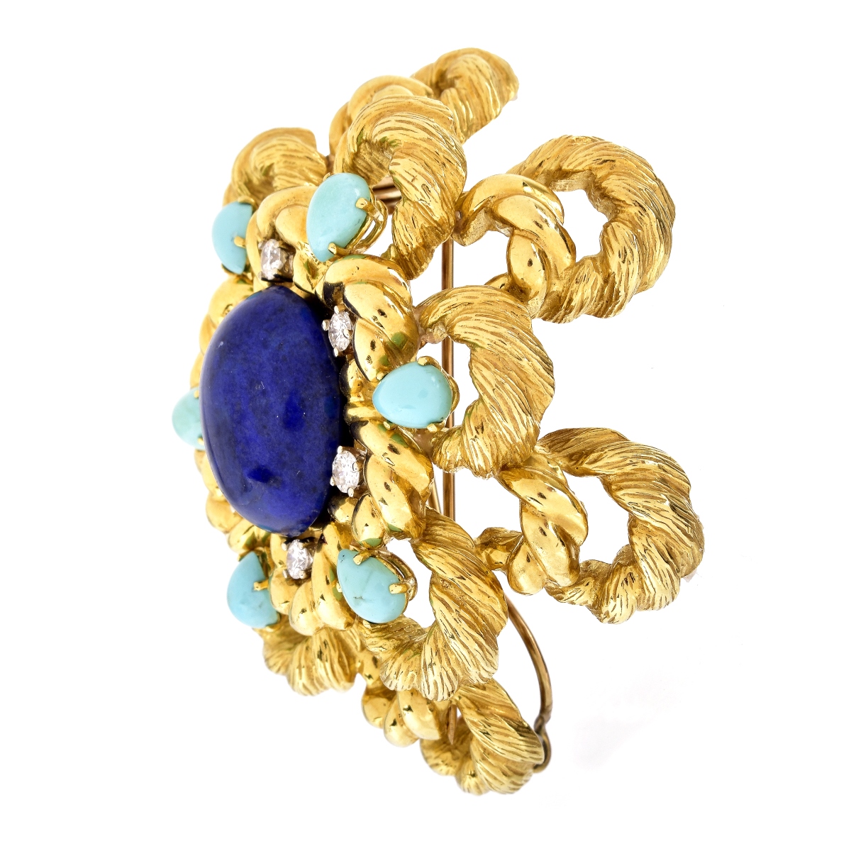 Vintage Diamond, Lapis, Turquoise and 18K Brooch