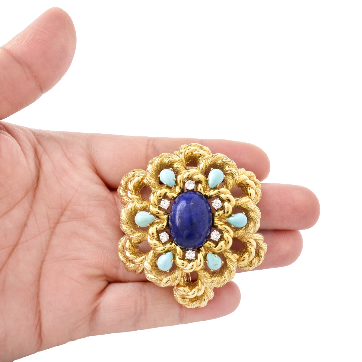 Vintage Diamond, Lapis, Turquoise and 18K Brooch