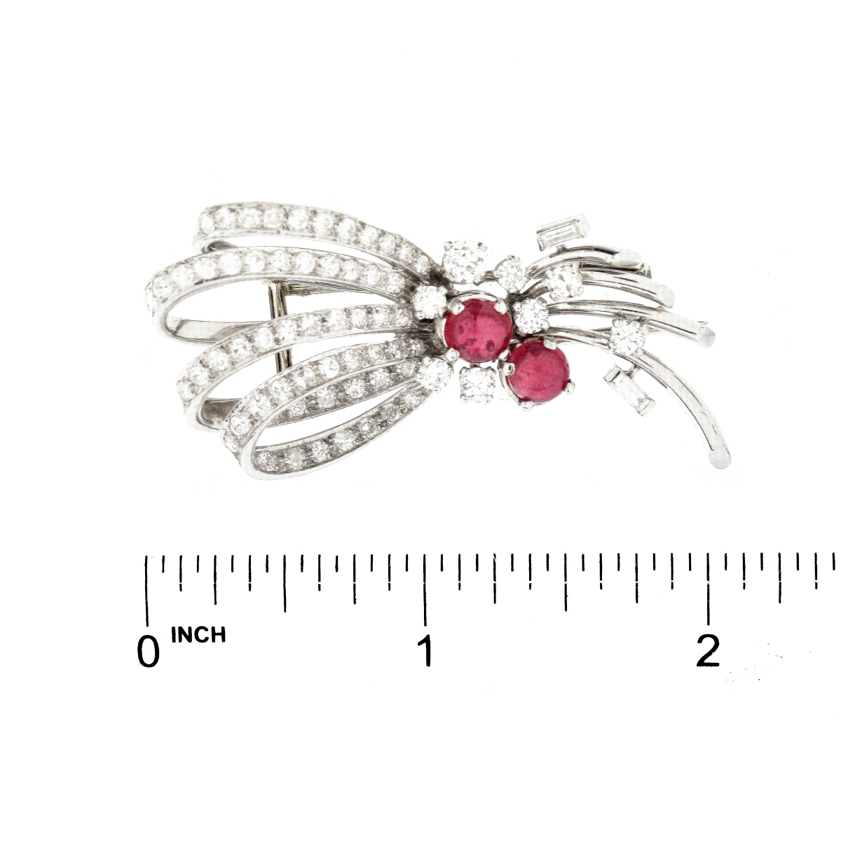 French Diamond, Ruby and Platinum Bow Brooch