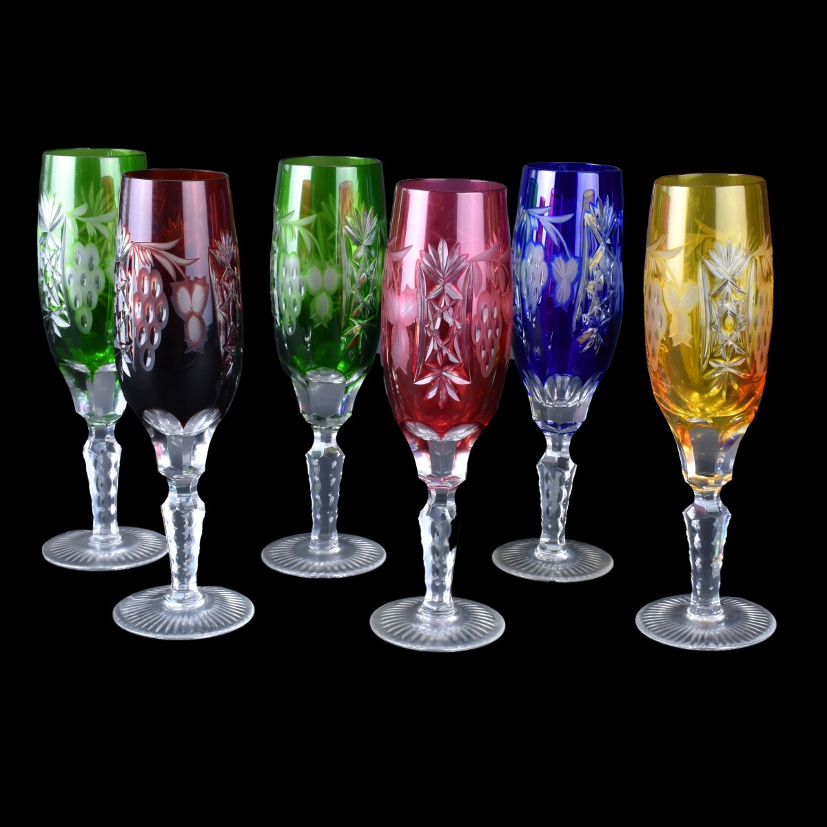 Set Of Six (6) Colored Cut Glass Champagne Flutes