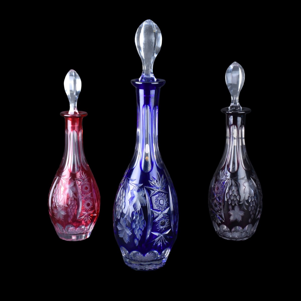 Three (3) Colored Cut To Clear Crystal Decanters
