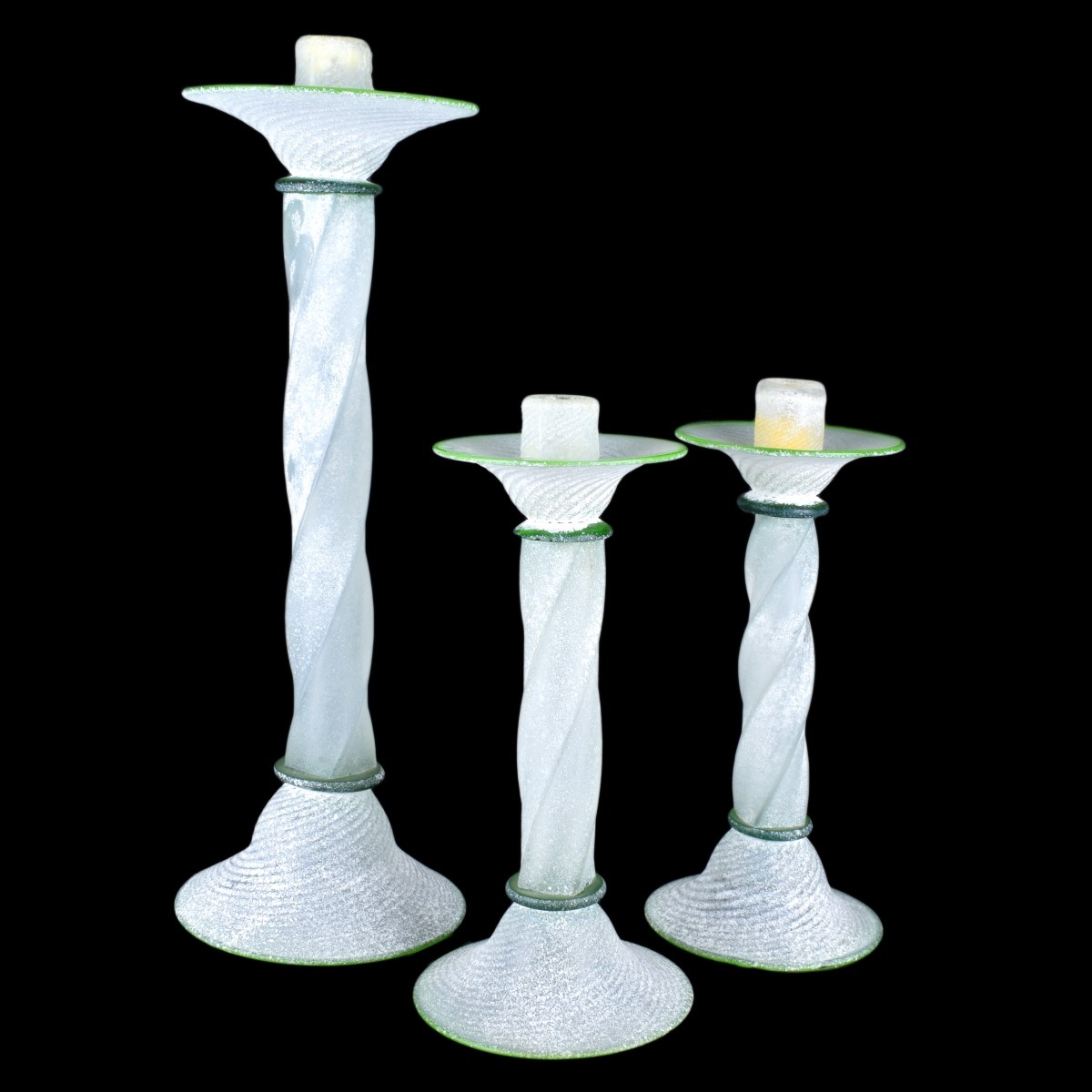 Three (3) Murano Italian Scavo Glass Candlesticks