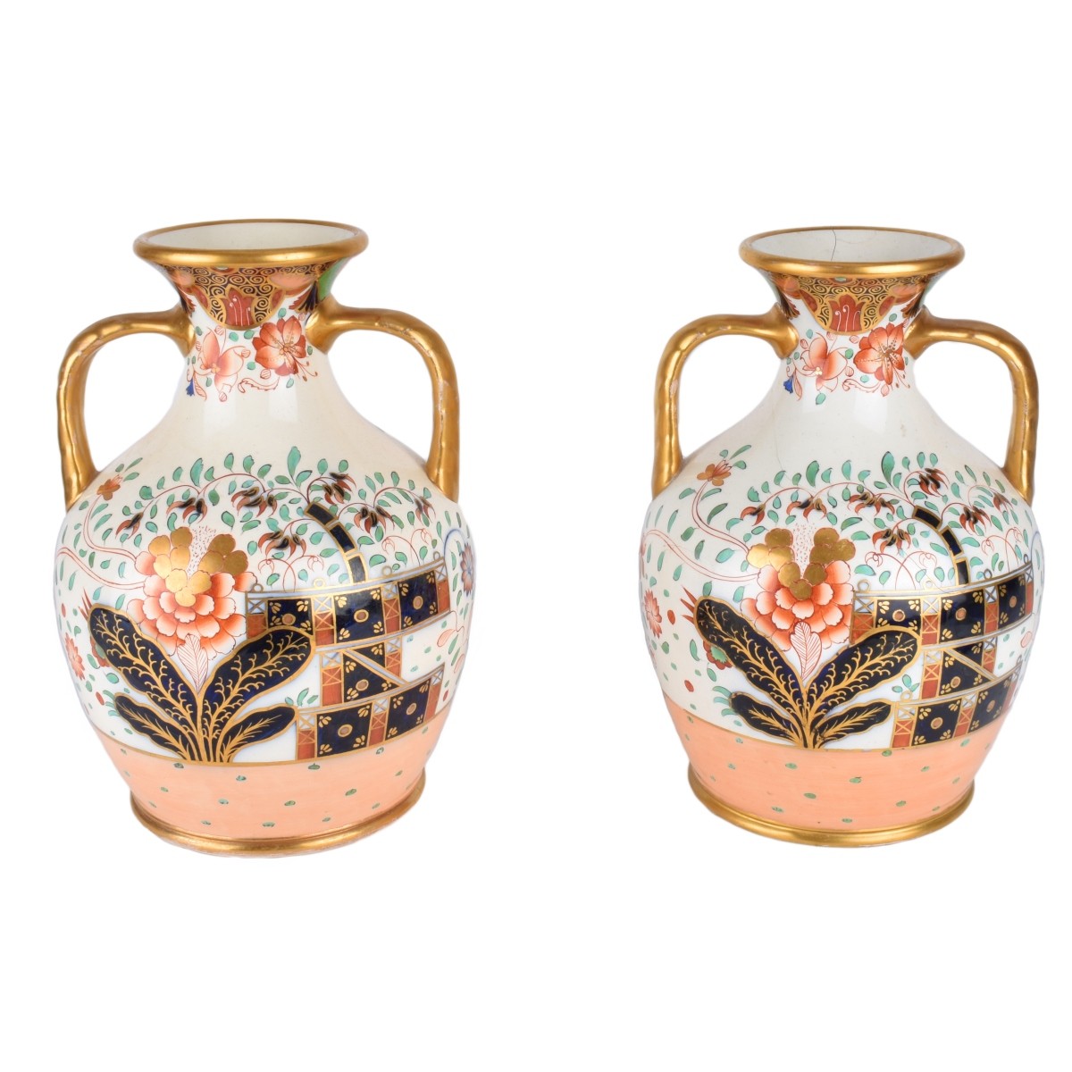 Pair Antique English Tobacco Leaf Pottery Vases