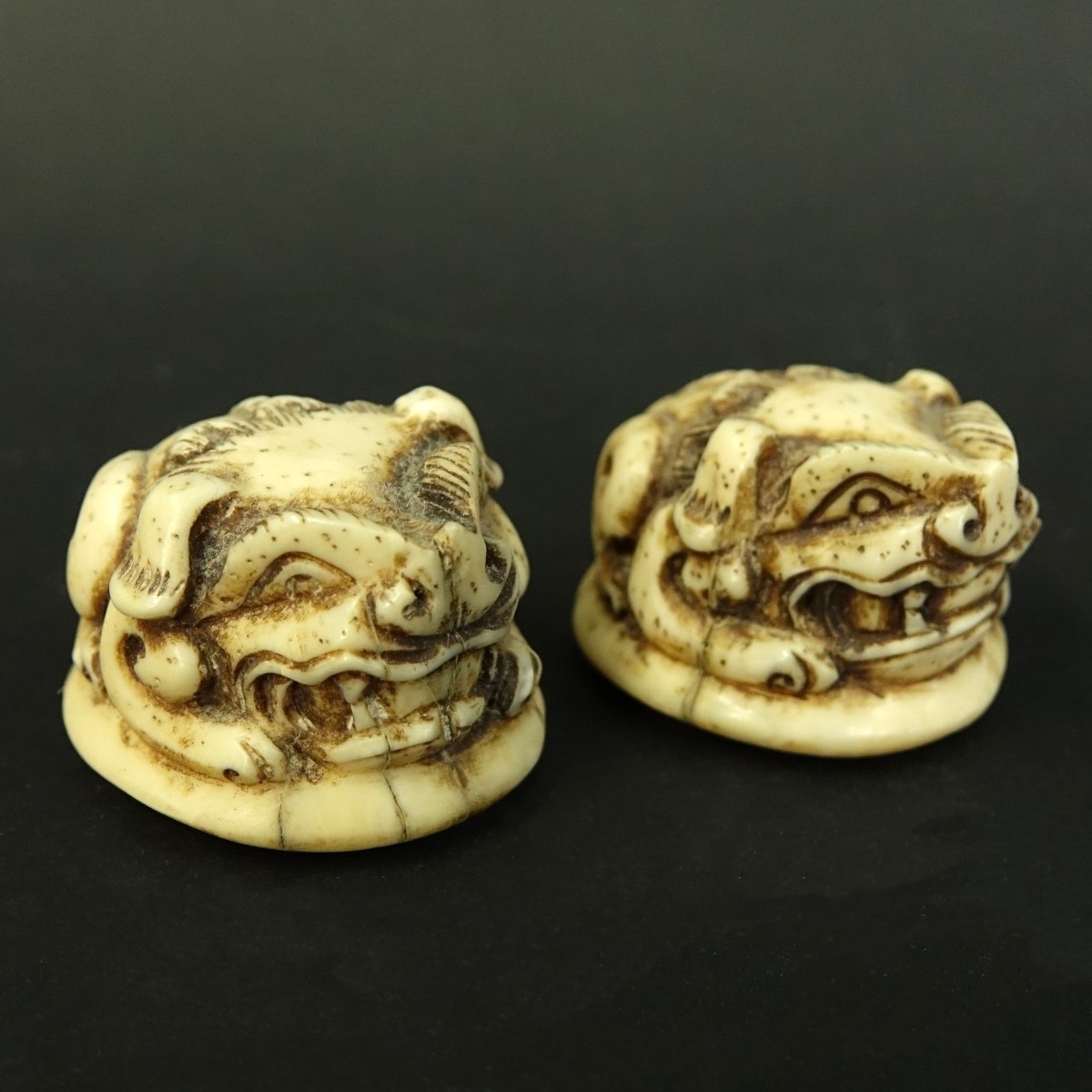 Pair of Japanese Carved Ivory Foo Dog Netsukes