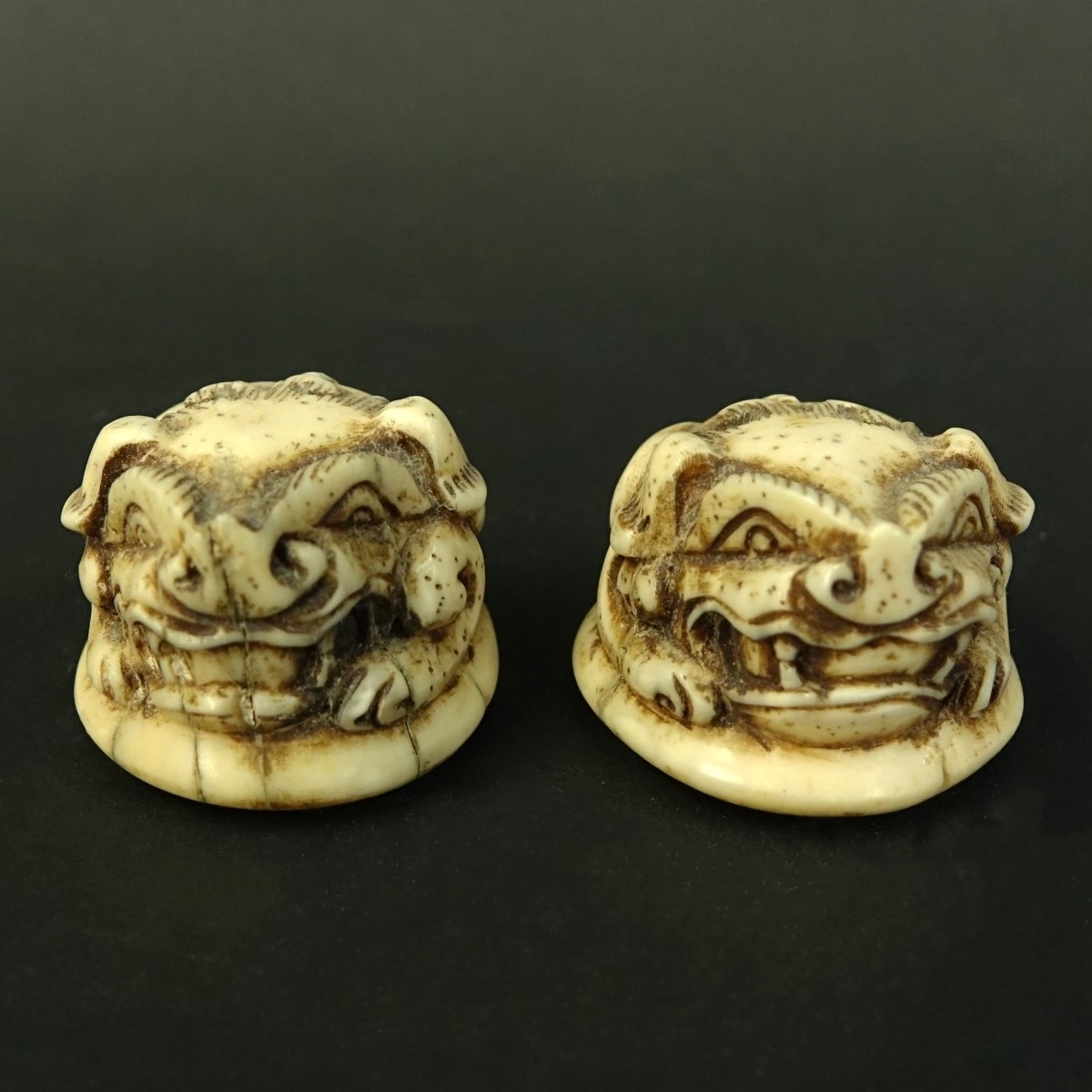 Pair of Japanese Carved Ivory Foo Dog Netsukes