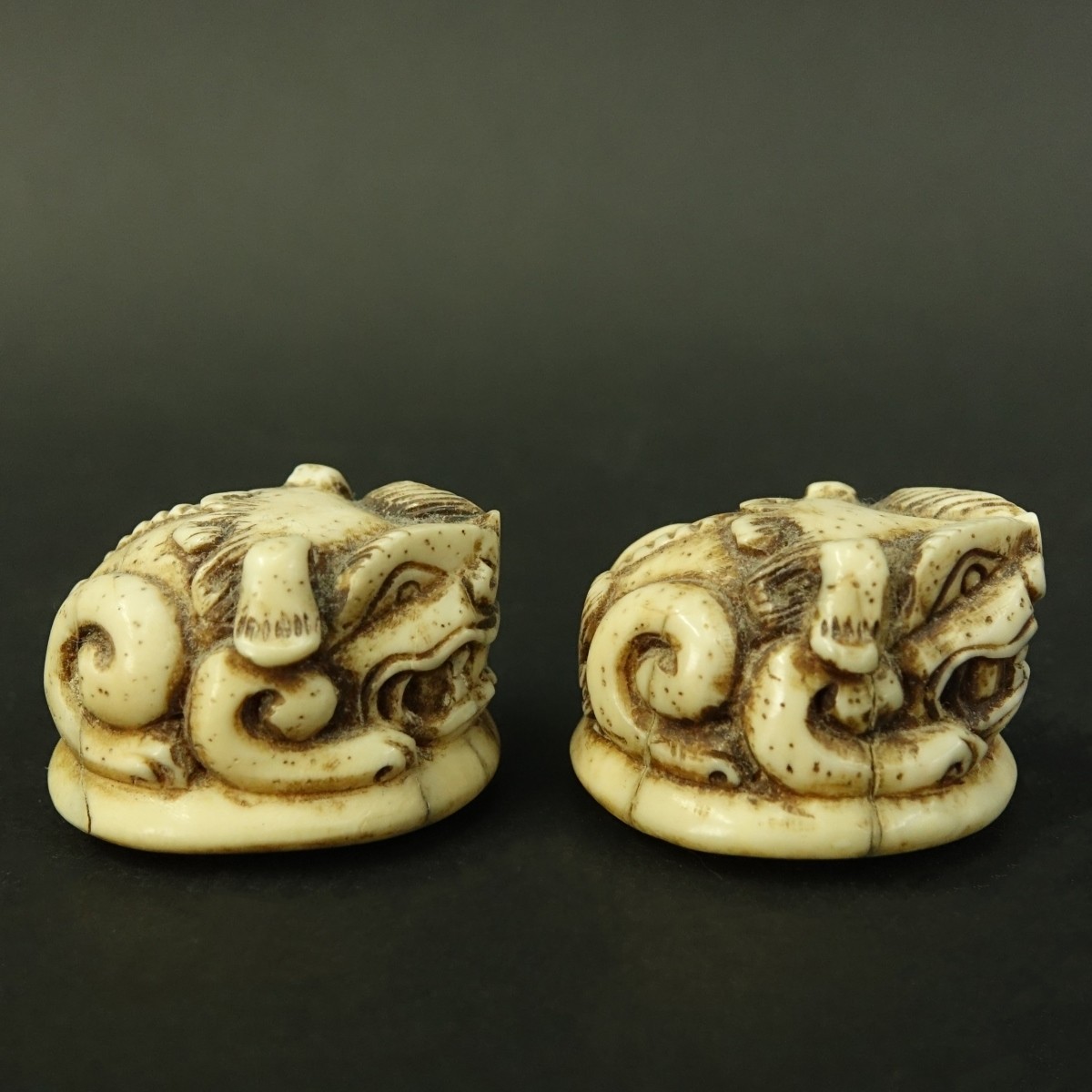 Pair of Japanese Carved Ivory Foo Dog Netsukes