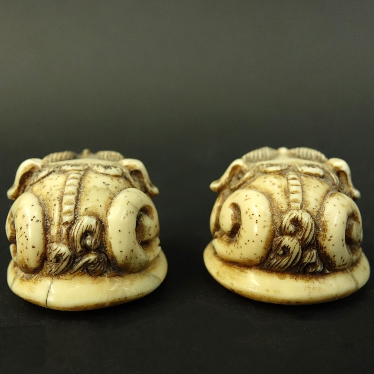 Pair of Japanese Carved Ivory Foo Dog Netsukes