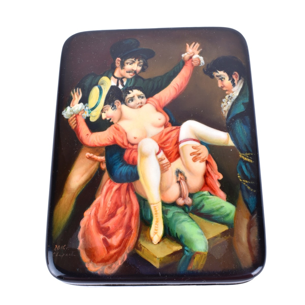 Russian Lacquer Hinged Box With Erotic Scene