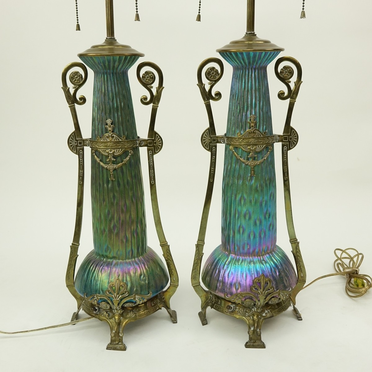 Pr Loetz Sea Urchin Art Nouveau Art Glass Lamps