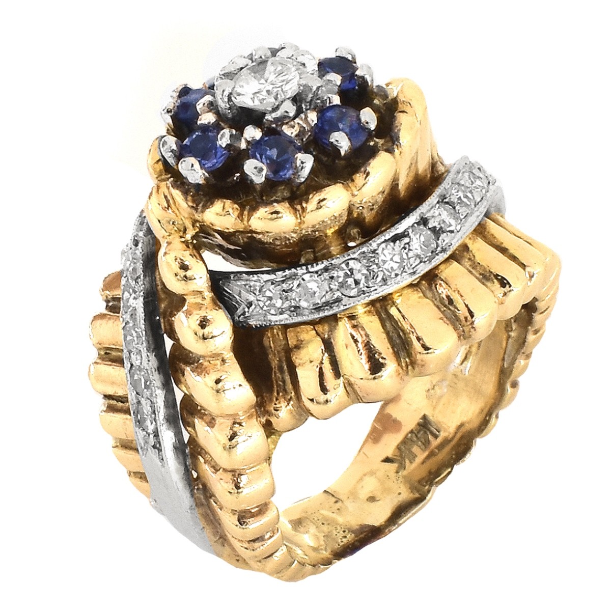 Retro Diamond, Shapphire and 14K Gold Ring