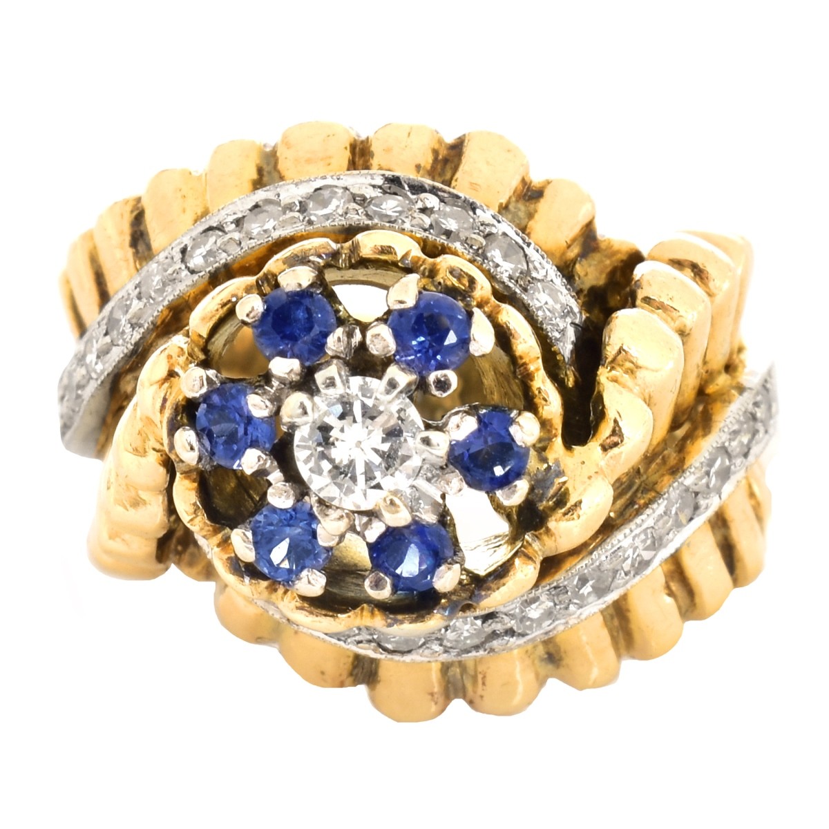 Retro Diamond, Shapphire and 14K Gold Ring