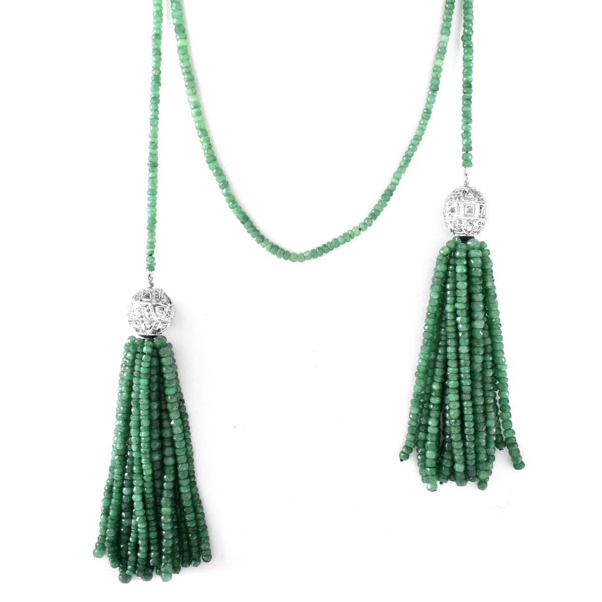 Emerald, Diamond, White Gold Tassel Necklace