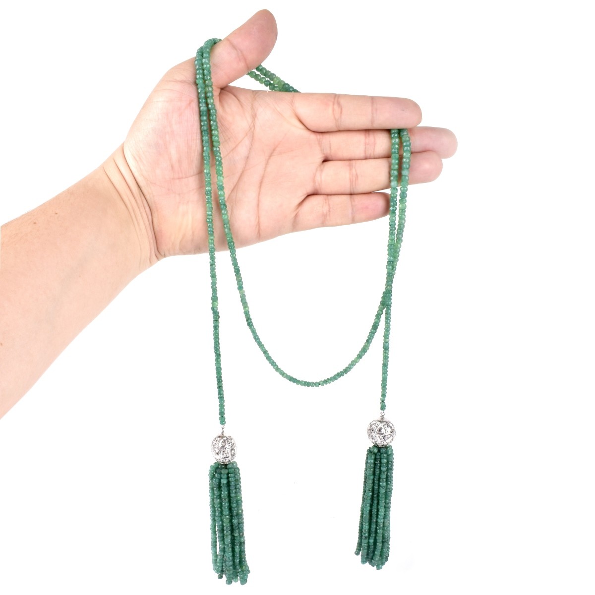 Emerald, Diamond, White Gold Tassel Necklace