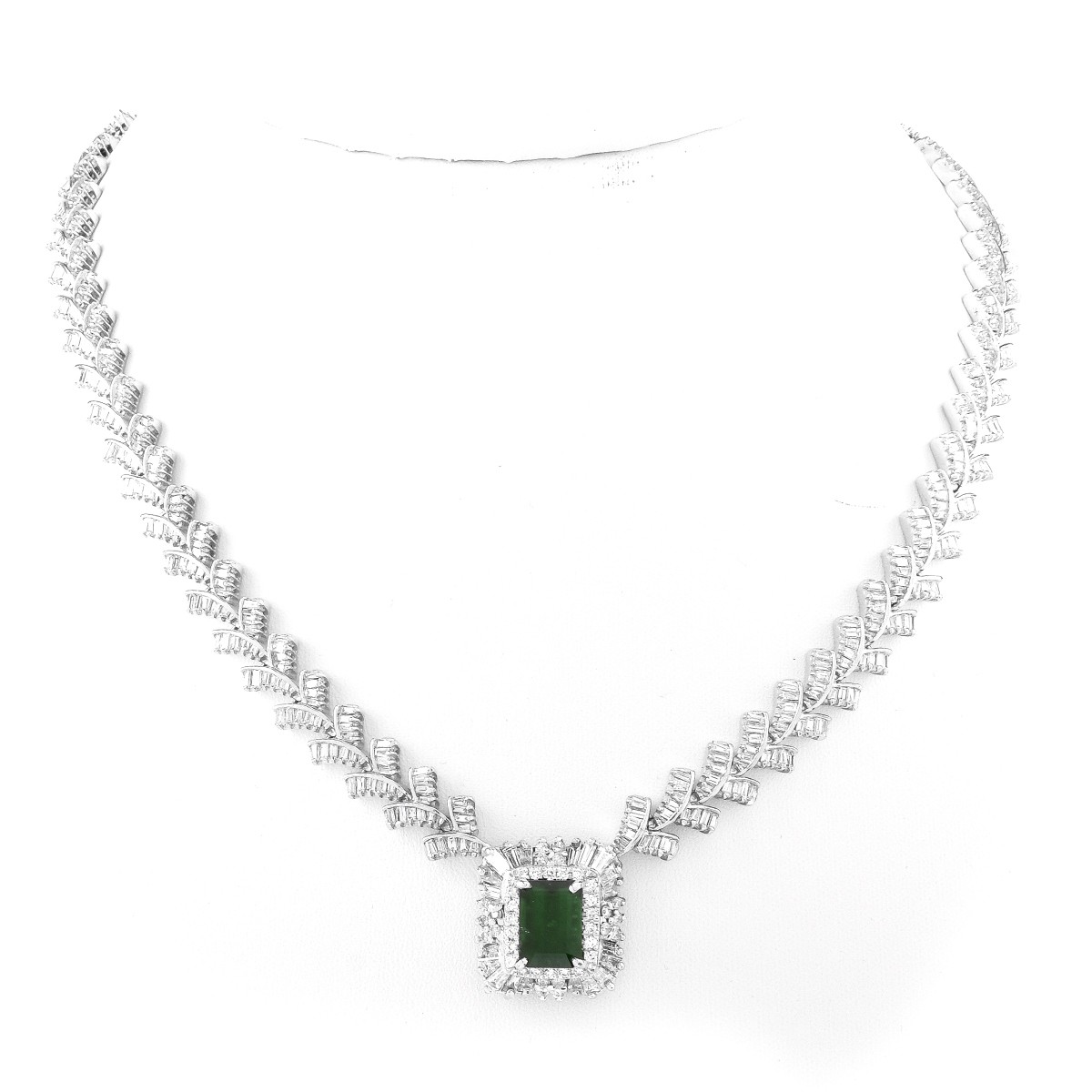 Diamond, Emerald and 14K White Gold Necklace