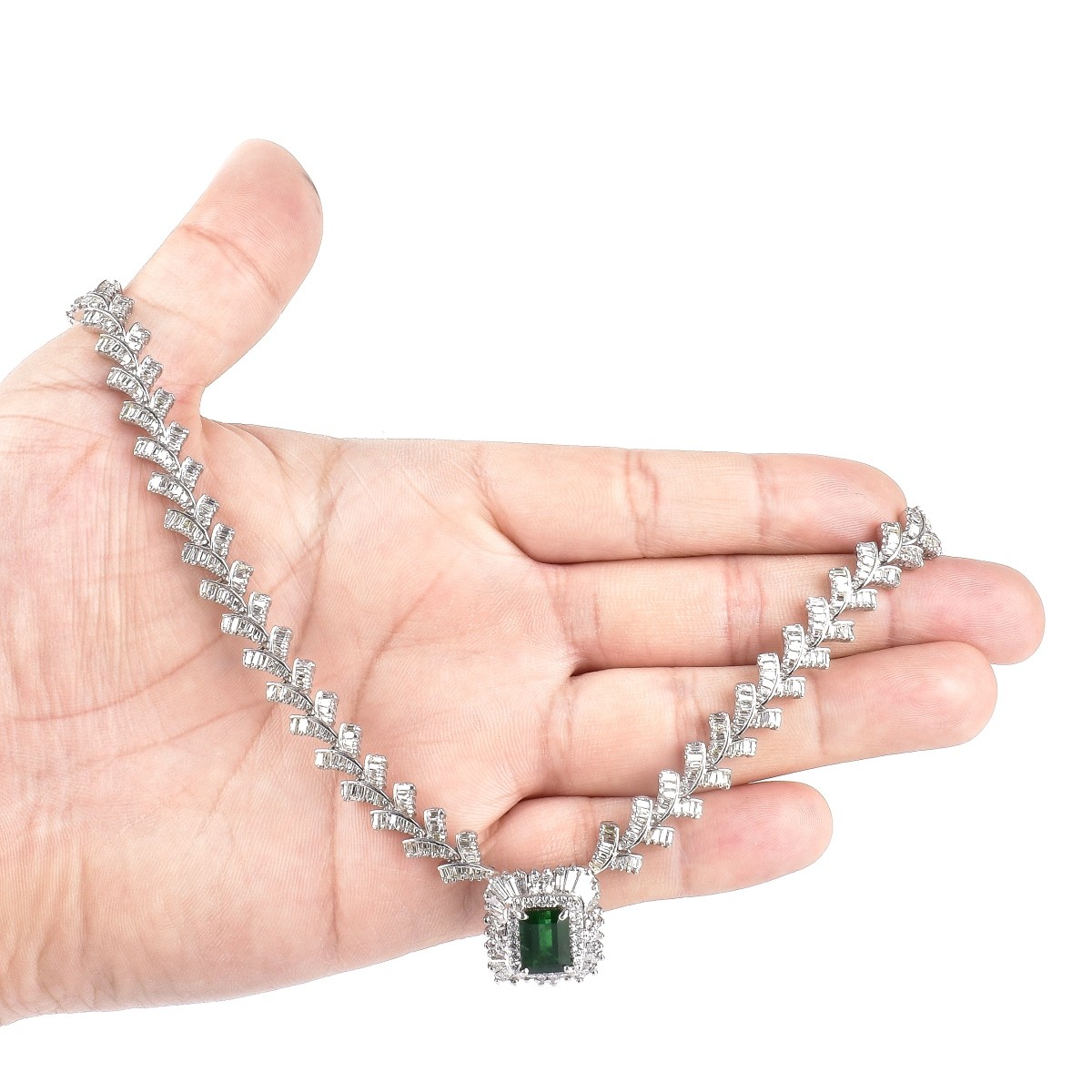 Diamond, Emerald and 14K White Gold Necklace