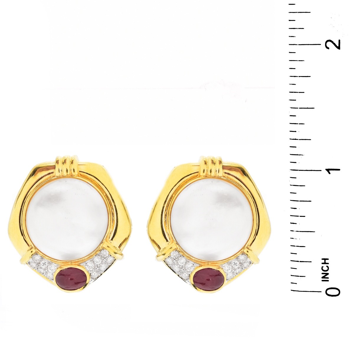 Pearl, Ruby, Diamond and 18K Gold Earrings