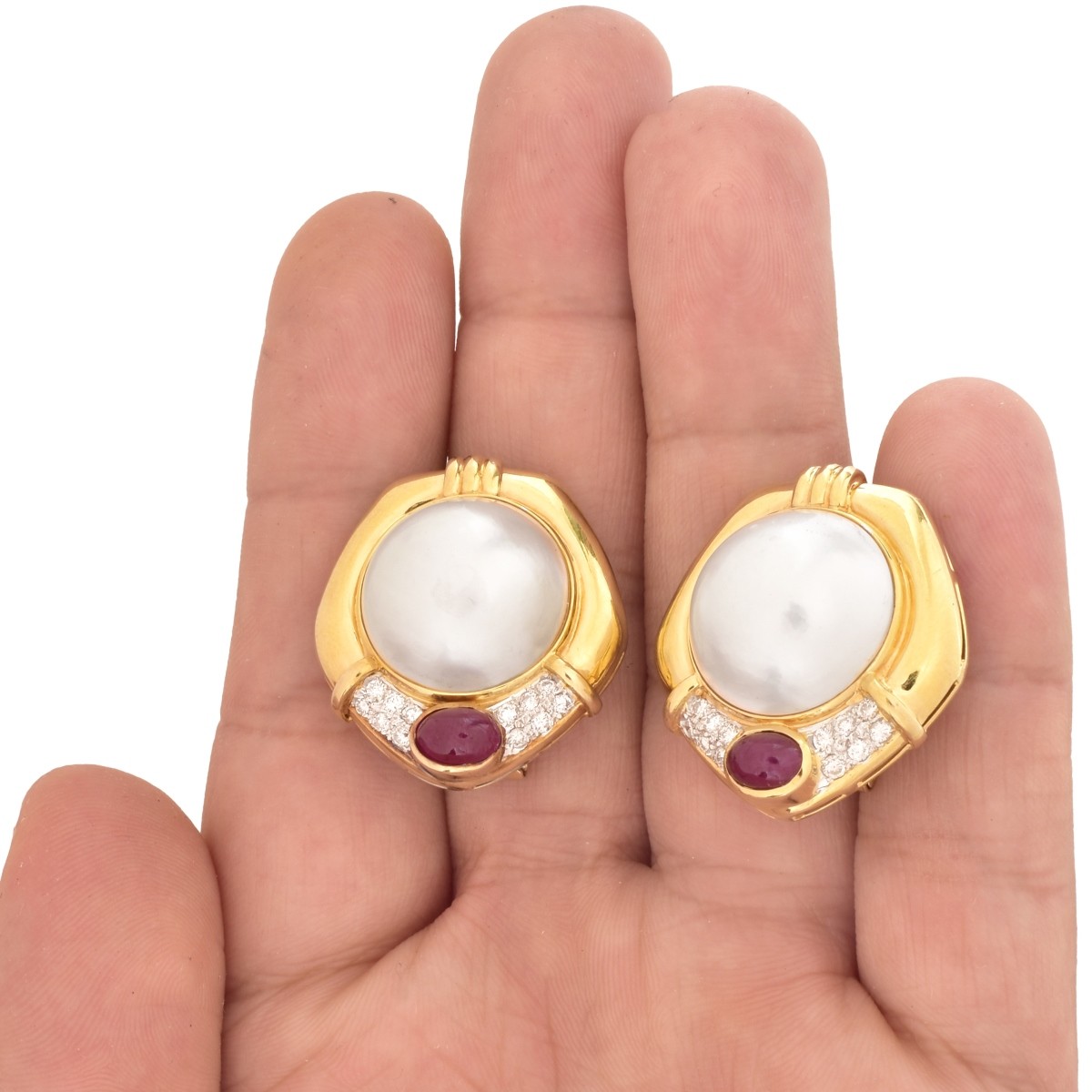 Pearl, Ruby, Diamond and 18K Gold Earrings