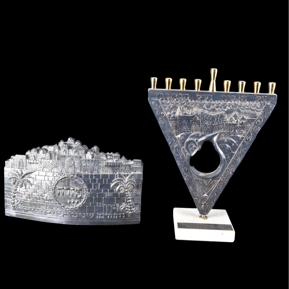 Two Silver Overlay Menorahs