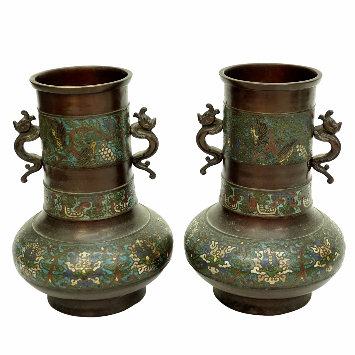 Pair of Japanese Bronze Champleve Enamel Vases