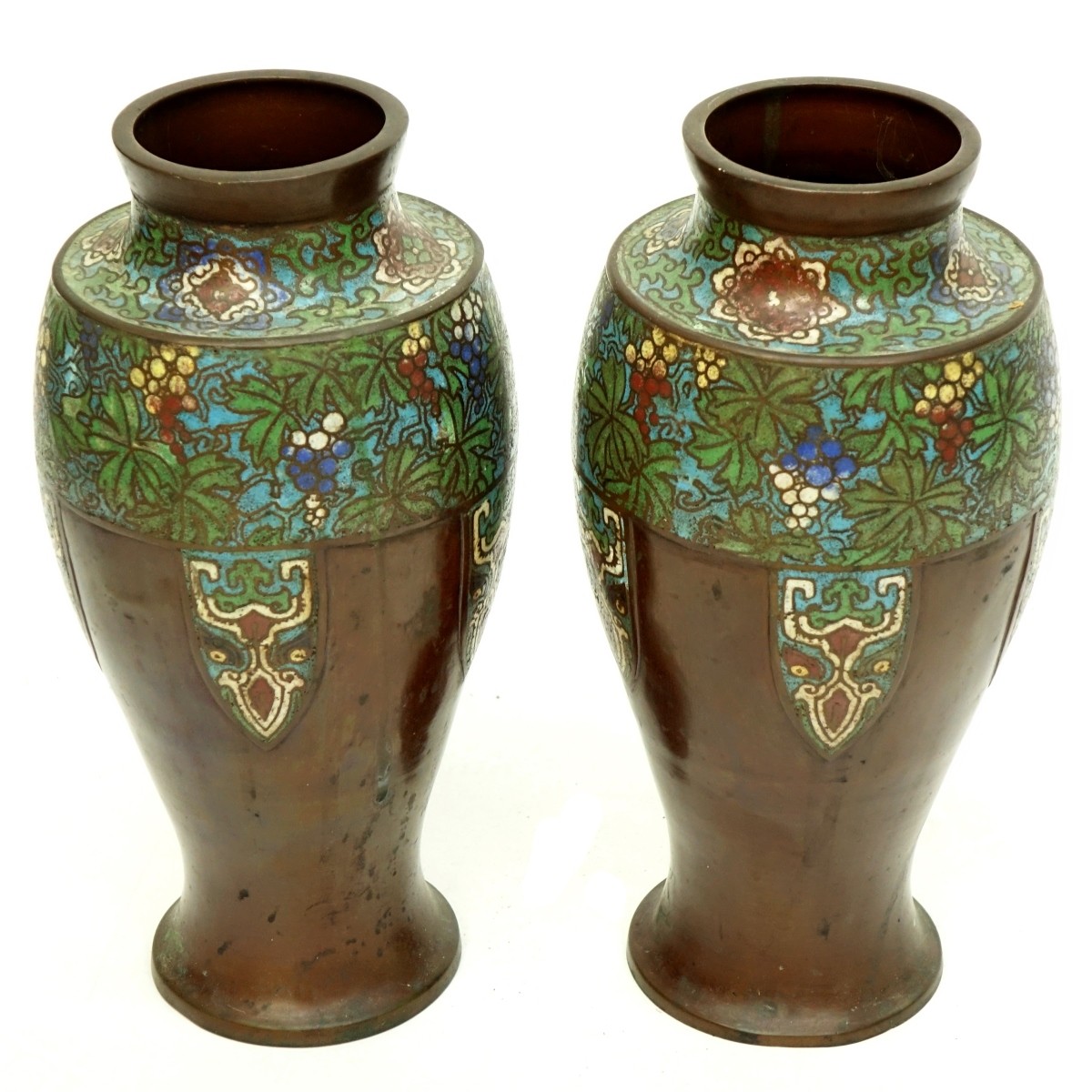 Pair of Japanese Bronze Champleve Enamel Vases