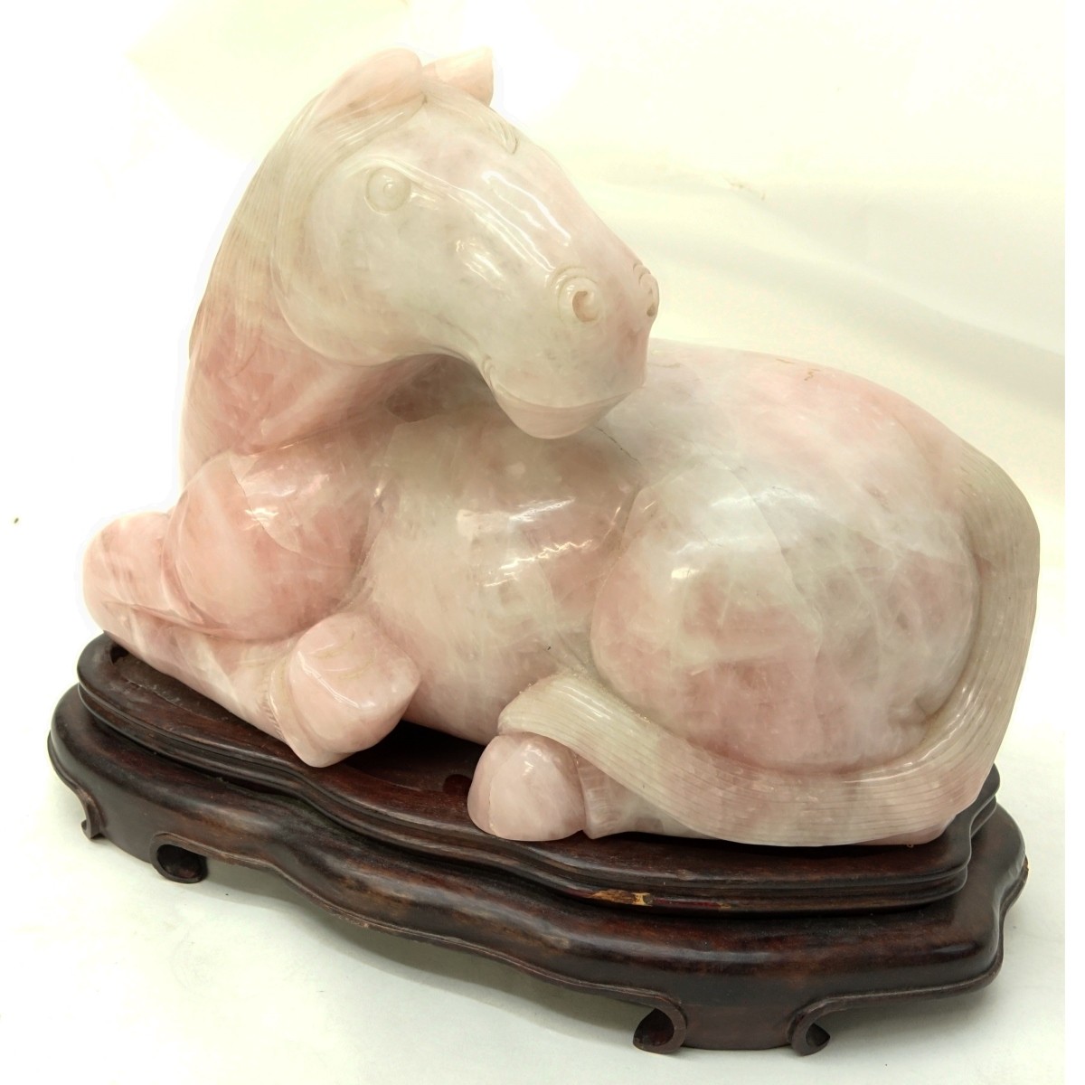 Large Chinese Carved Rose Quartz Recumbent Horse