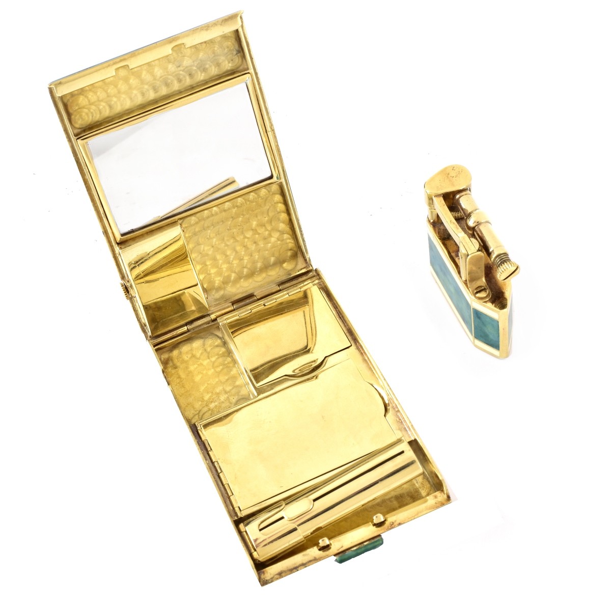 14K Gold and Enamel Compact and Lighter