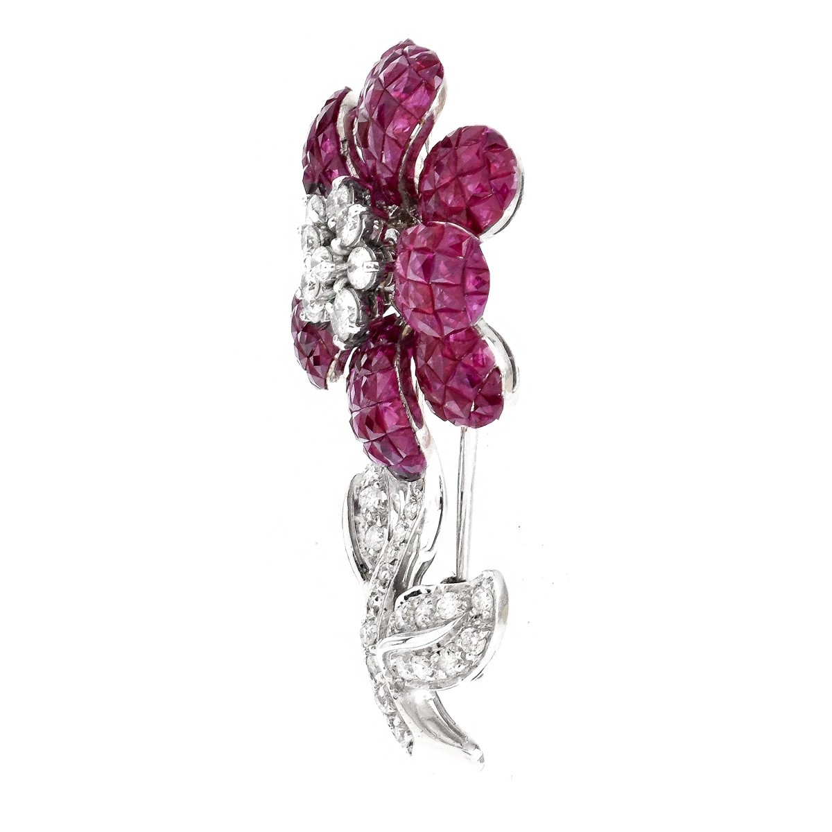 Ruby, Diamond and 18K Gold Flower Brooch