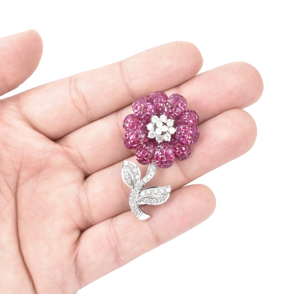 Ruby, Diamond and 18K Gold Flower Brooch