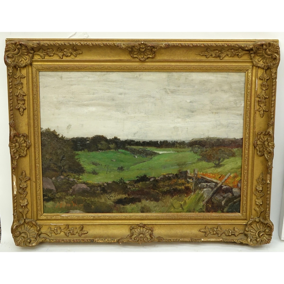 Antique Oil on Canvas, Pastoral Scene, Signed Lower J Alden Wear. Craquelure. Measures 14-1/2" H x 