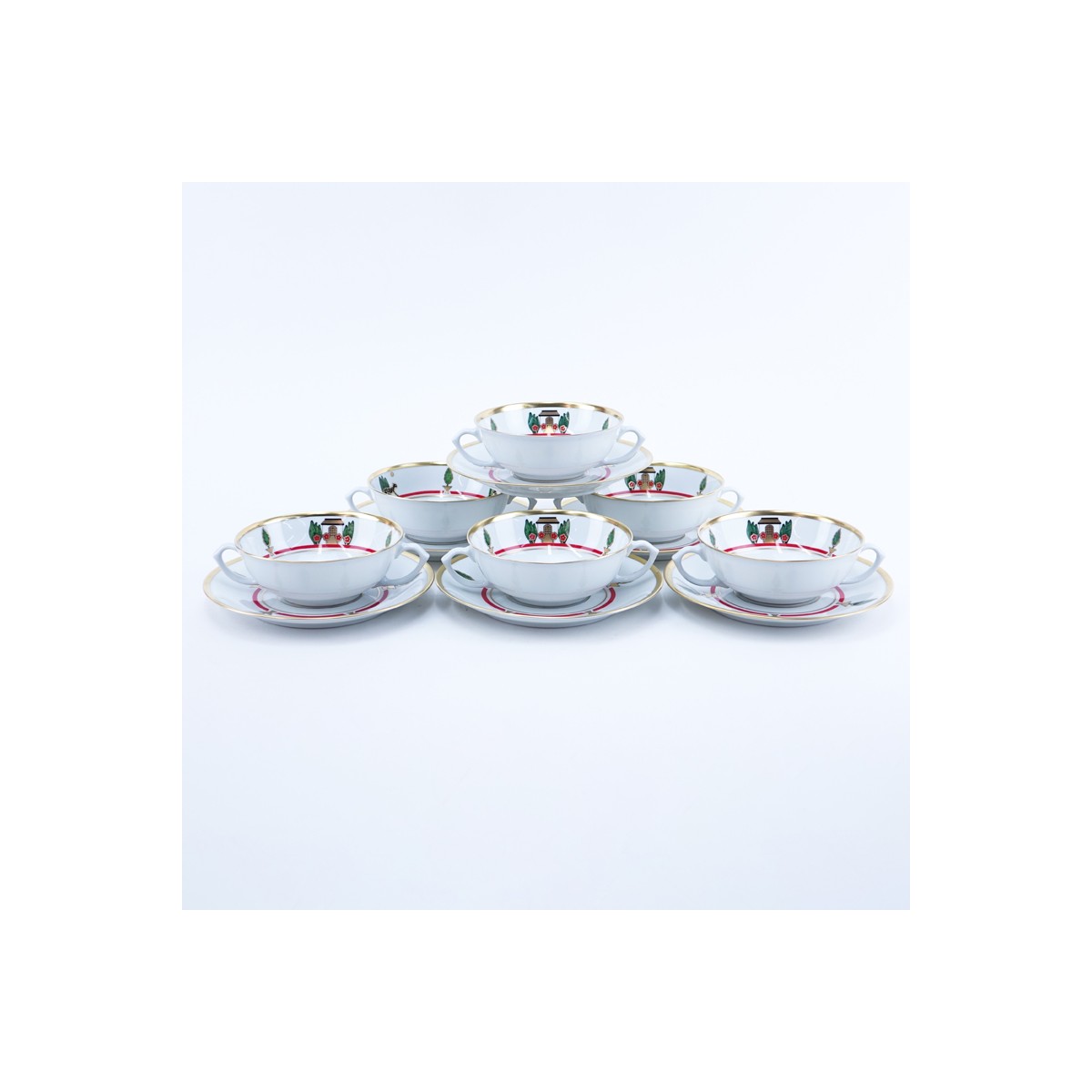 Twelve (12) Cartier "La Maison De Louis Cartier" Flat Cream Soup Bowl And Saucer Sets. In 2 sets of