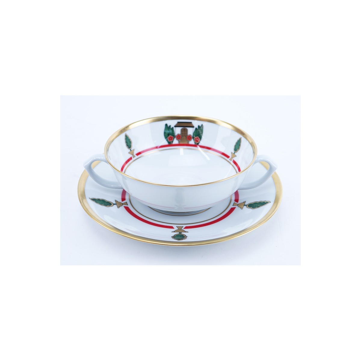 Twelve (12) Cartier "La Maison De Louis Cartier" Flat Cream Soup Bowl And Saucer Sets. In 2 sets of