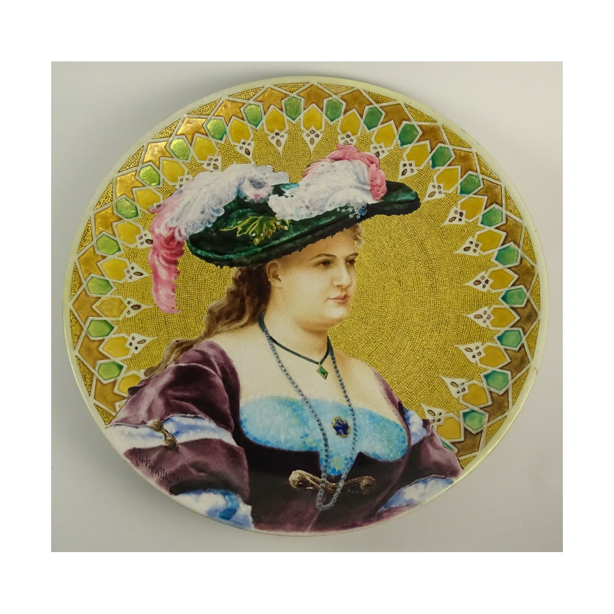 Parville Freres Large Ceramic Charger, enamel-decorated in the Moorish style with a portrait of a l
